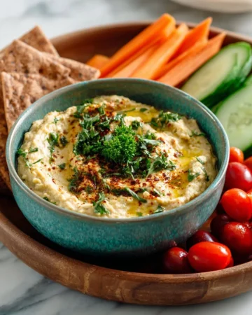 Delicious homemade Baba Ganoush served with pita and vegetables.