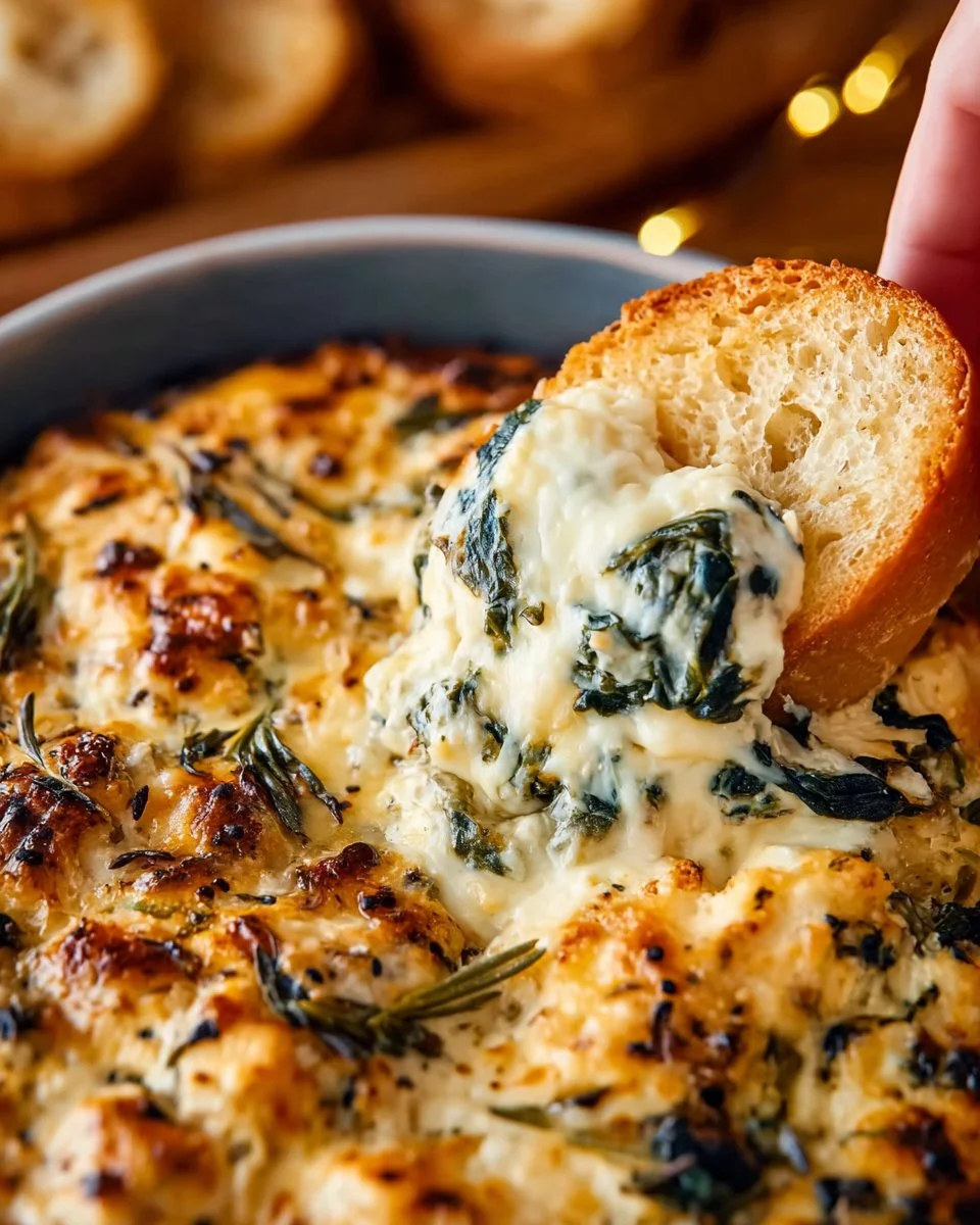 Extra cheesy spinach artichoke dip served with tortilla chips