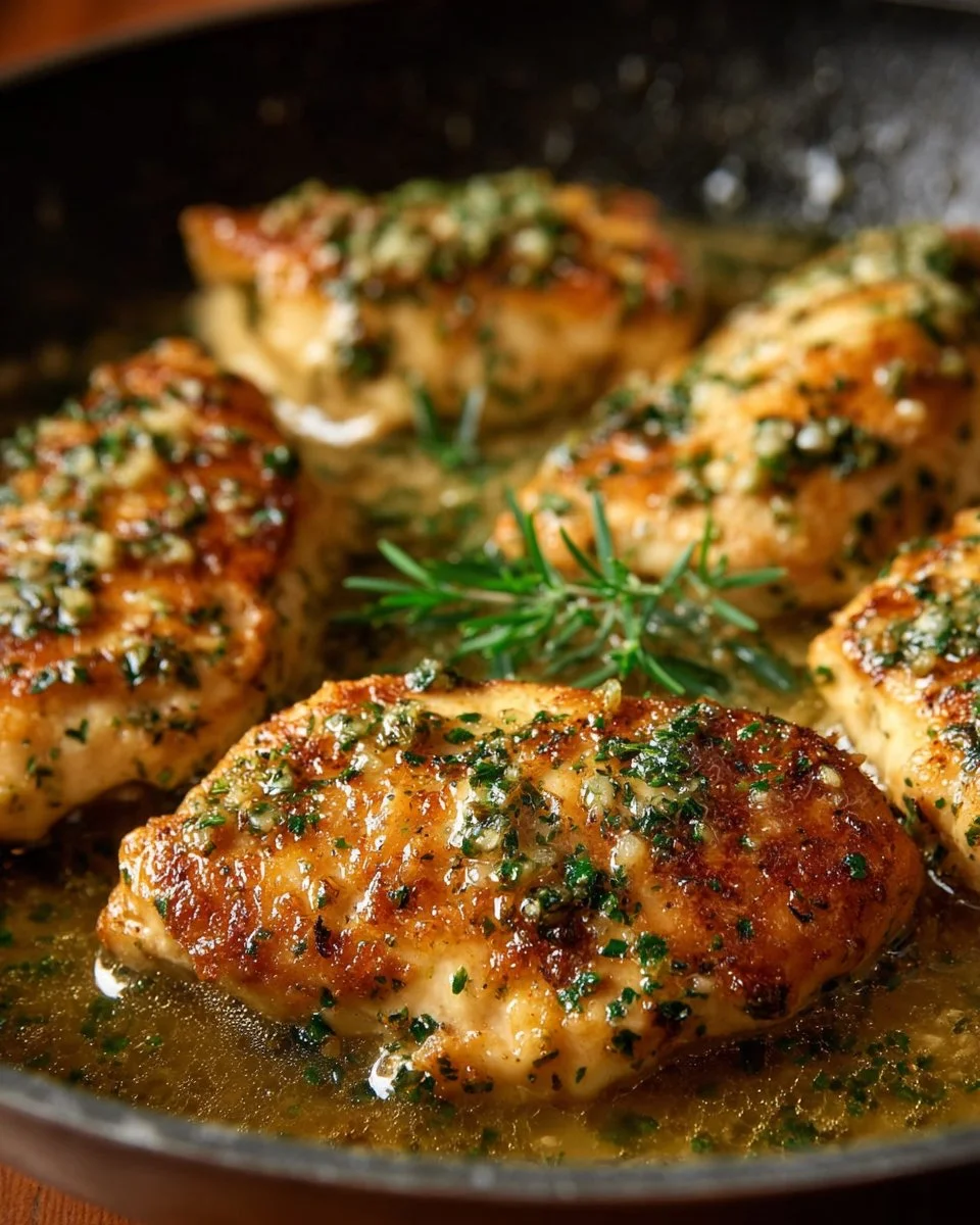 Delicious plate of garlic butter chicken garnished with herbs
