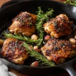 Garlic herb roasted chicken thighs served on a plate with fresh herbs.
