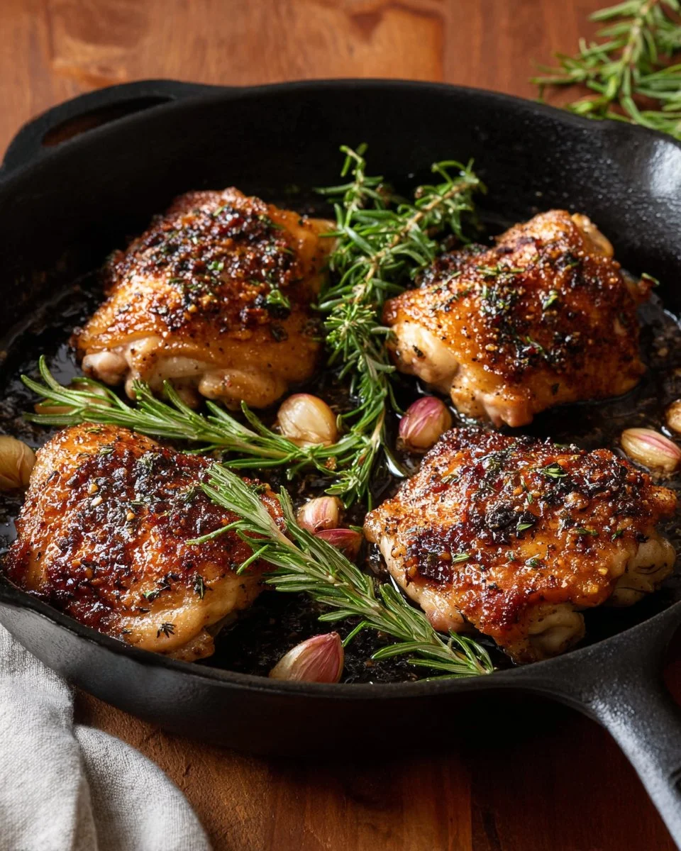 Garlic herb roasted chicken thighs served on a plate with fresh herbs.