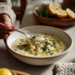 Bowl of Greek Lemon Chicken Soup (Avgolemono) garnished with lemon and herbs.