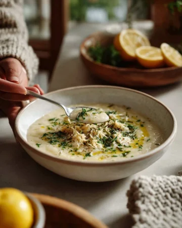 Bowl of Greek Lemon Chicken Soup (Avgolemono) garnished with lemon and herbs.