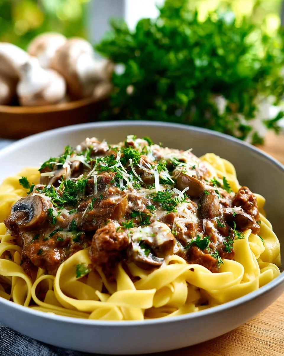 Ground Beef and Mushroom Skillet dish garnished with herbs and served warm.