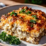 Delicious Hamburger Hash Brown Casserole served in a baking dish