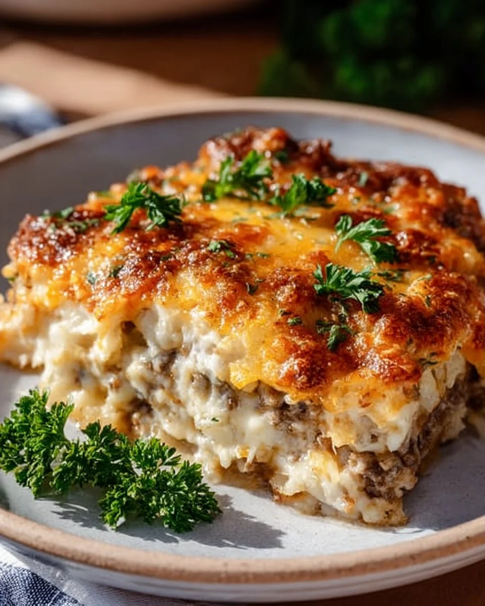 Delicious Hamburger Hash Brown Casserole served in a baking dish