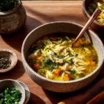 Delicious one pot chicken orzo soup garnished with fresh herbs
