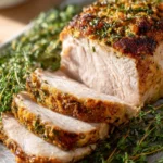 Herb-crusted pork loin served with vegetables on a white plate