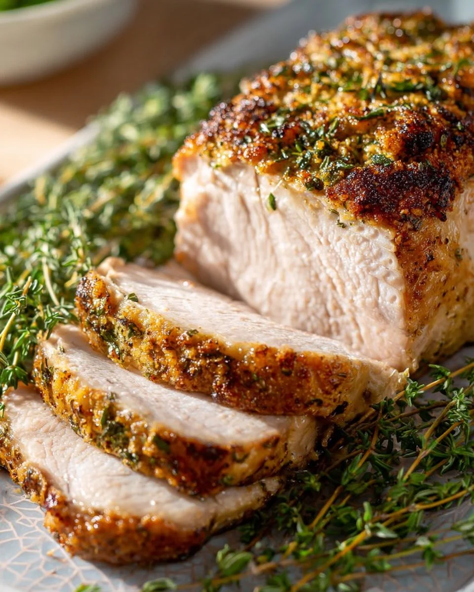 Herb-crusted pork loin served with vegetables on a white plate