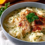 Bowl of homemade chicken and dumplings served with fresh herbs.