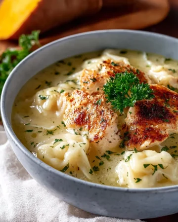Bowl of homemade chicken and dumplings served with fresh herbs.