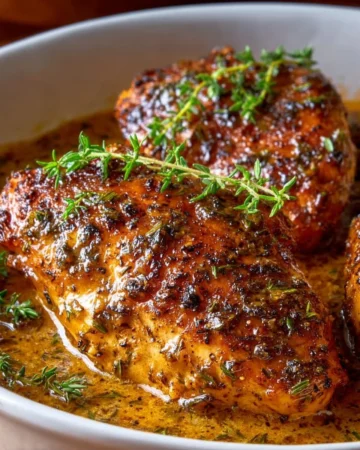 Juicy honey mustard chicken garnished with herbs on a plate