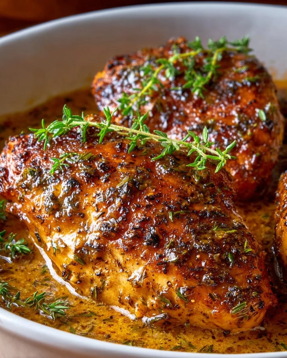 Juicy honey mustard chicken garnished with herbs on a plate