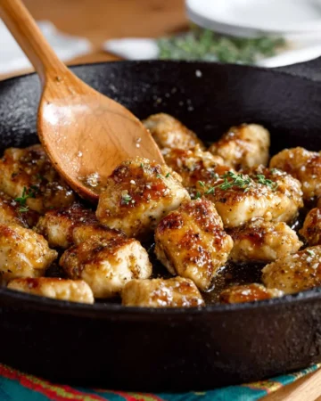 Plate of Honey Mustard Chicken Bites garnished with herbs