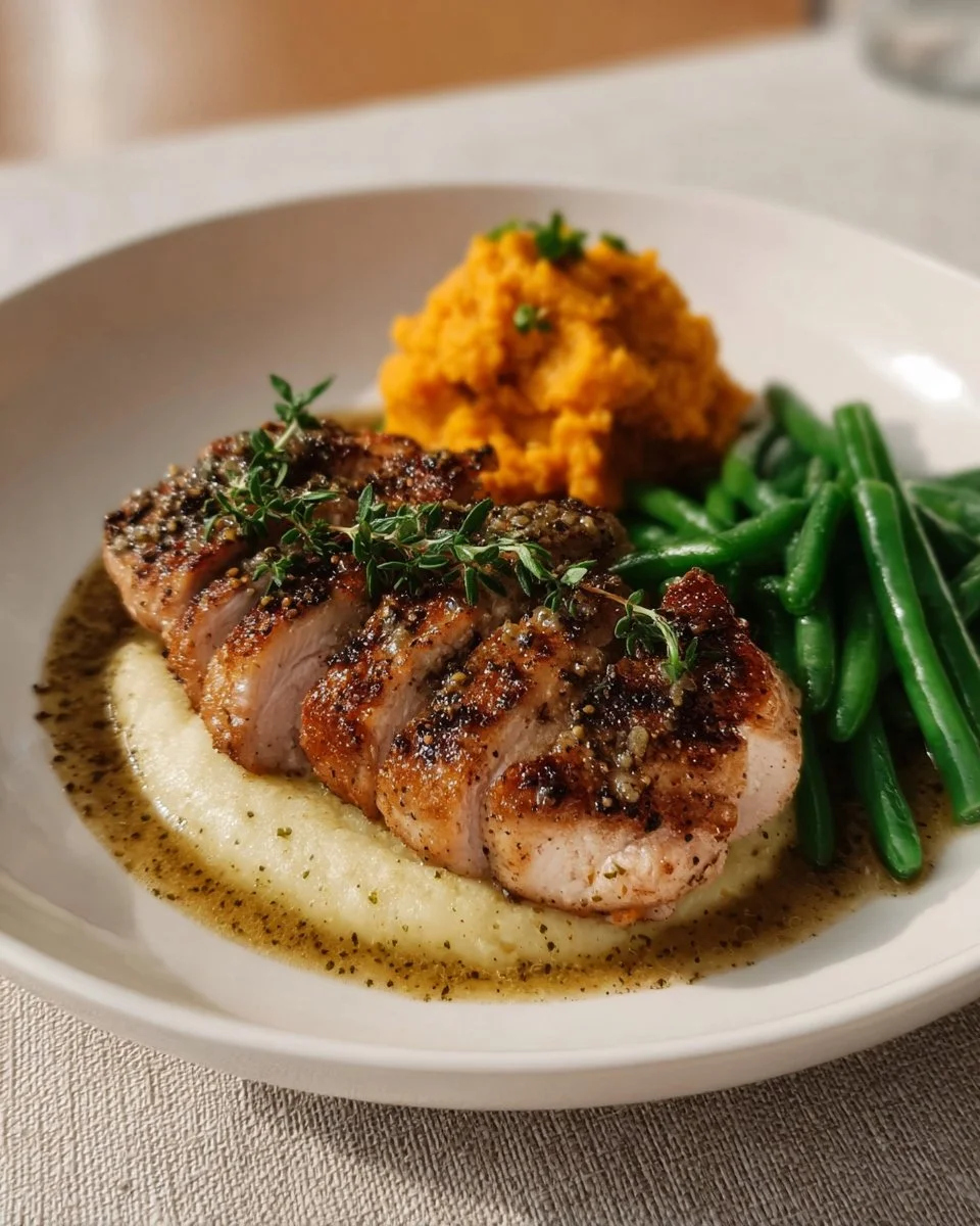 Honey Mustard Glazed Roast Pork Tenderloin garnished and served on a plate