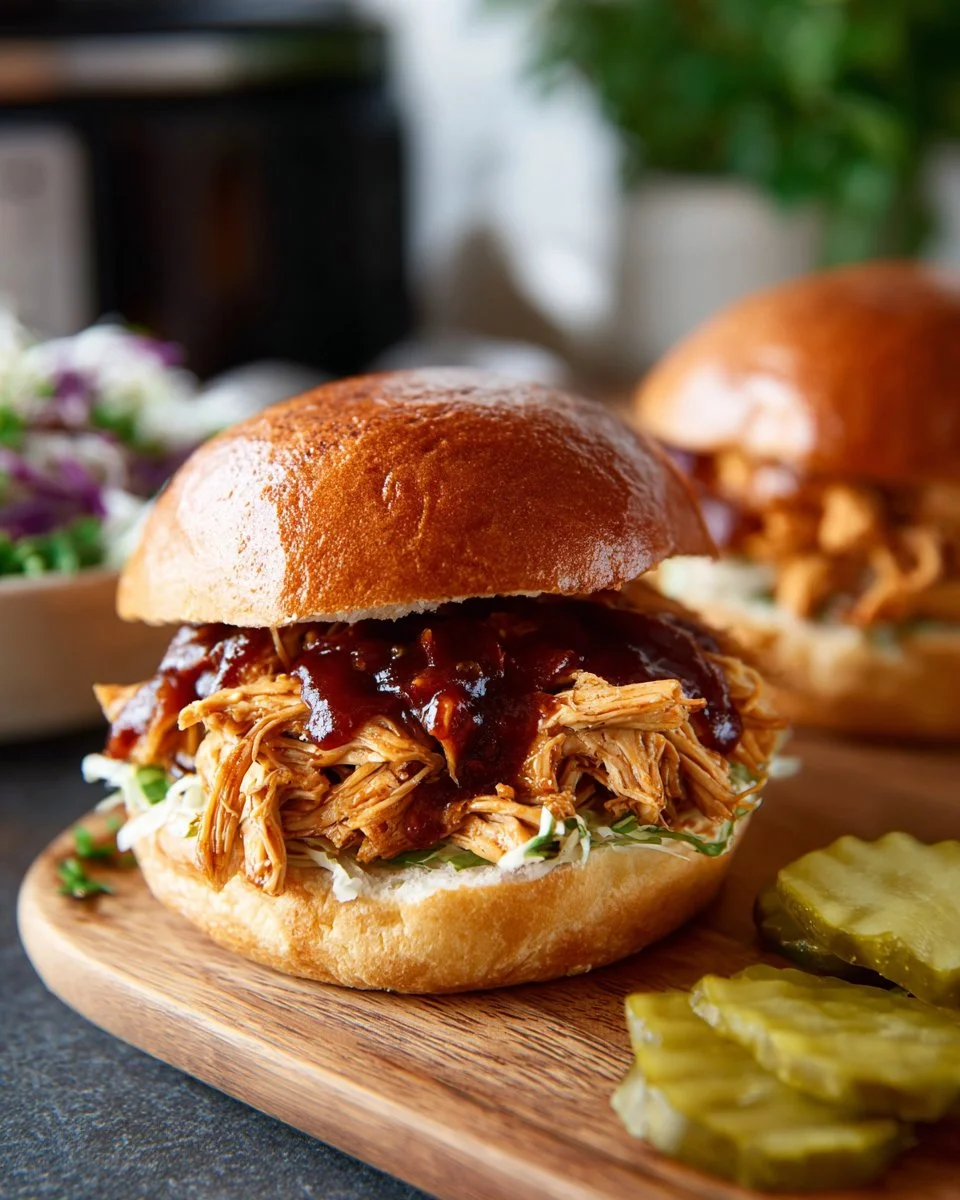 Instant Pot BBQ chicken sandwiches served on a rustic wooden plate with sides.