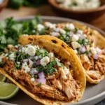 Instant Pot shredded chicken tacos served on a plate with fresh toppings