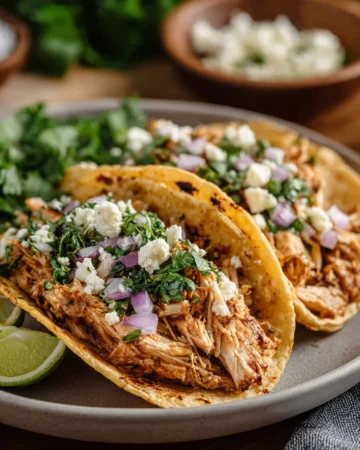 Instant Pot shredded chicken tacos served on a plate with fresh toppings