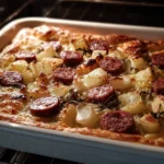 Delicious Kielbasa and Potato Bake served in a rustic dish