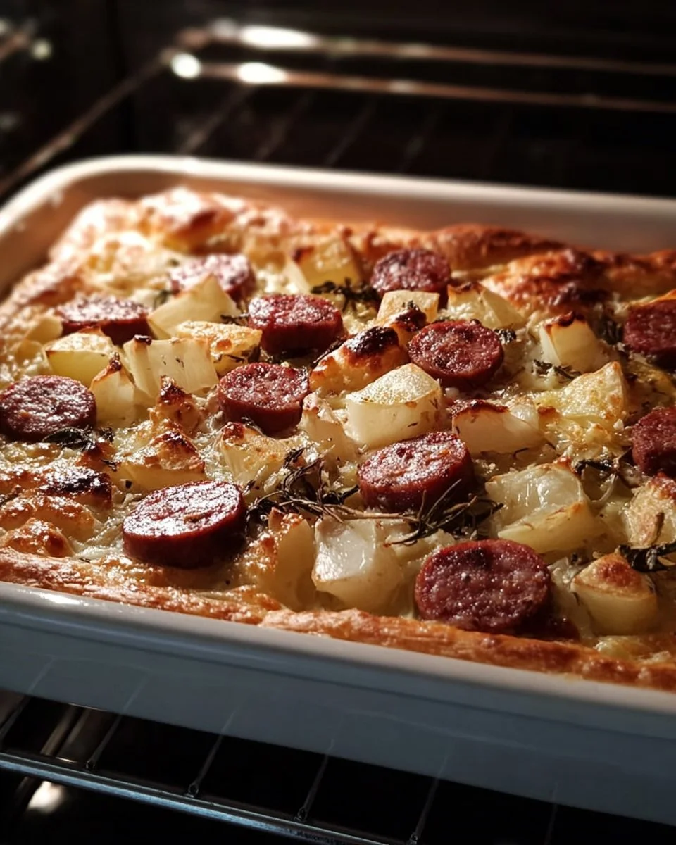 Delicious Kielbasa and Potato Bake served in a rustic dish