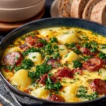 Delicious kielbasa served in a rich creamy potato sauce garnished with herbs.