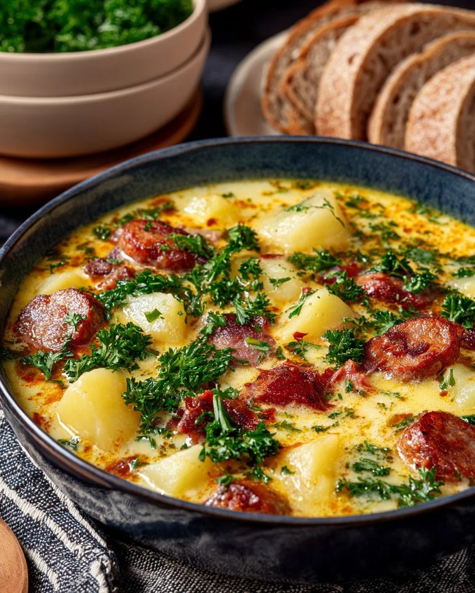 Delicious kielbasa served in a rich creamy potato sauce garnished with herbs.