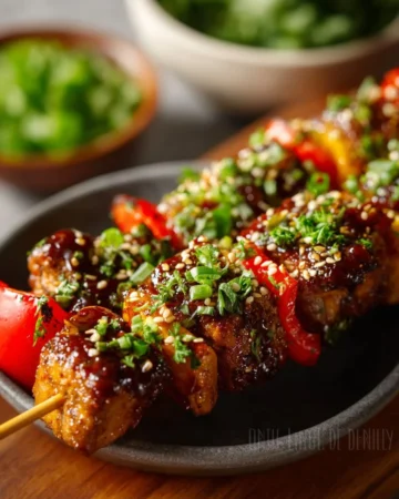 Grilled Korean BBQ Chicken Skewers on a platter with garnishes.