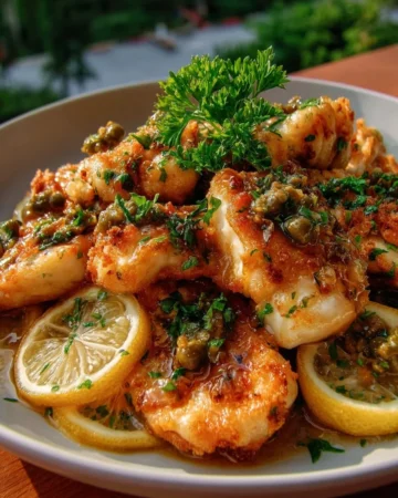 Plate of Lemon Chicken Piccata garnished with parsley and served with lemon wedges
