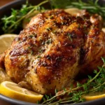 Lemon garlic slow cooker roast chicken served with vegetables on a plate.