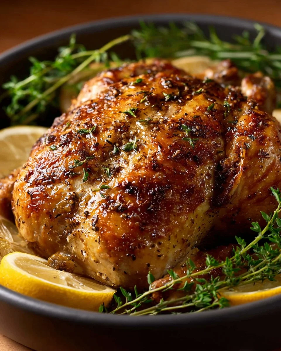 Lemon garlic slow cooker roast chicken served with vegetables on a plate.