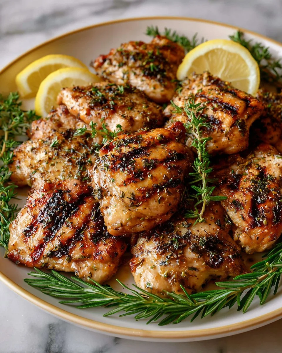 Juicy Lemon Herb Grilled Chicken served on a plate with fresh herbs