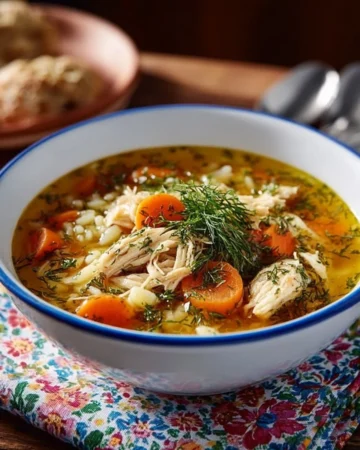 Bowl of Lemon Orzo Chicken Soup with lemon slices and herbs garnish