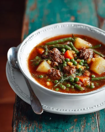 A bowl of my mom's old-fashioned vegetable beef soup garnished with fresh herbs