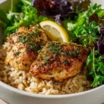 One-pan Lemon Herb Chicken Rice dish with vibrant herbs and lemon zest