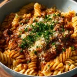 One Pot Creamy Tomato Beef Pasta served in a bowl with fresh herbs