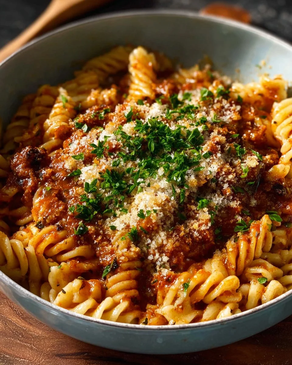 One Pot Creamy Tomato Beef Pasta served in a bowl with fresh herbs
