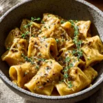 One Pot French Onion Pasta topped with melted cheese and caramelized onions