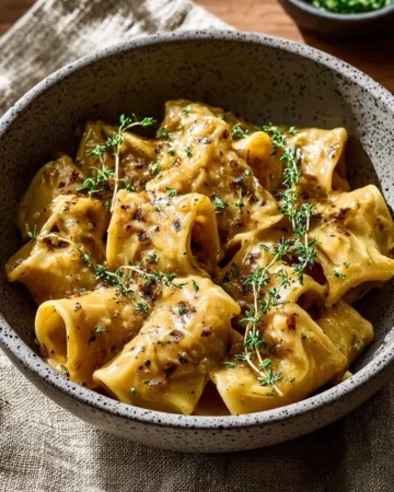 One Pot French Onion Pasta topped with melted cheese and caramelized onions