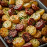 One-Pot Kielbasa Dinner with potatoes served in a skillet