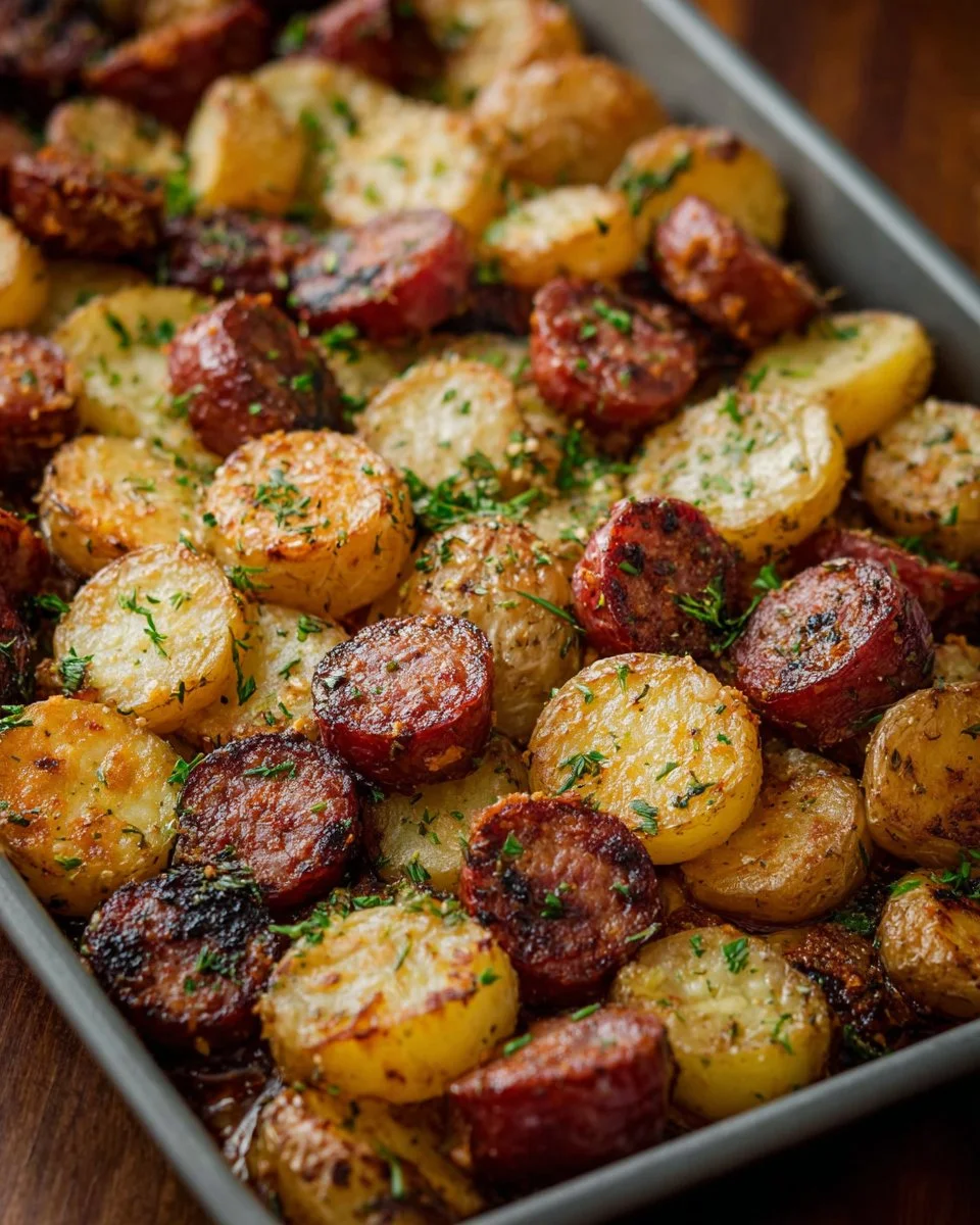 One-Pot Kielbasa Dinner with potatoes served in a skillet
