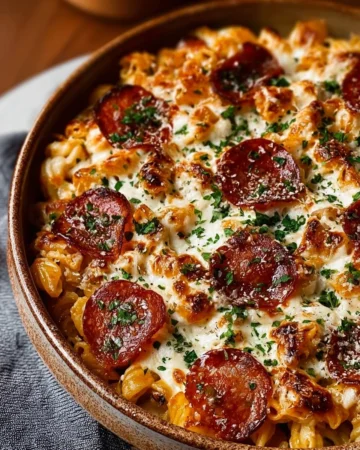 One-Pot Pizza Pasta dish with melted cheese and fresh toppings.