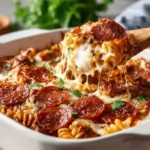 Pepperoni Pizza Pasta Bake featuring cheese, pepperoni, and pasta in a baking dish