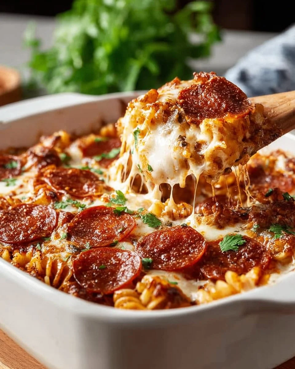 Pepperoni Pizza Pasta Bake featuring cheese, pepperoni, and pasta in a baking dish