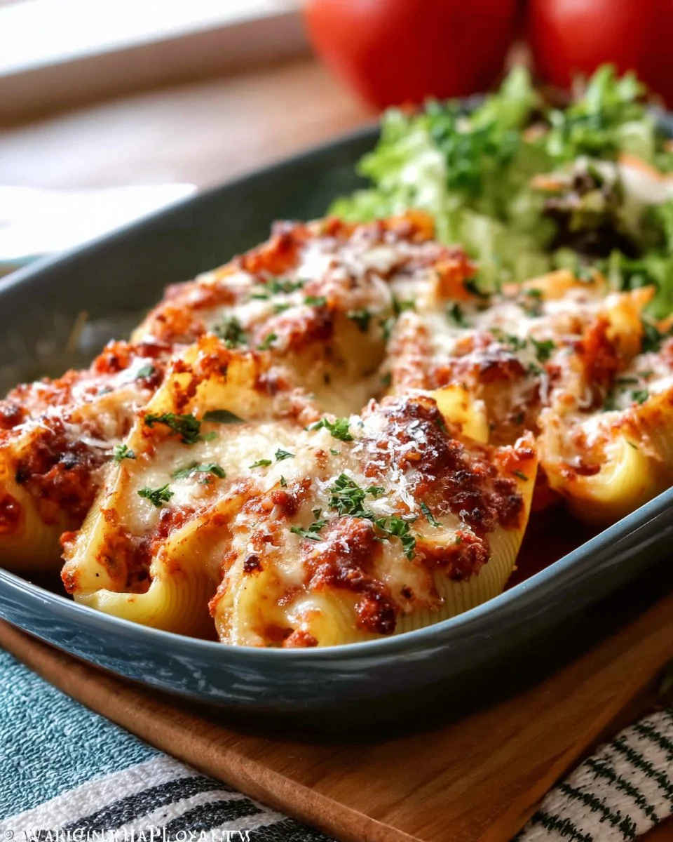 Delicious pizza stuffed shells filled with cheese, pepperoni, and marinara sauce