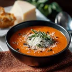 Bowl of quick and easy creamy tomato basil soup garnished with fresh basil leaves.