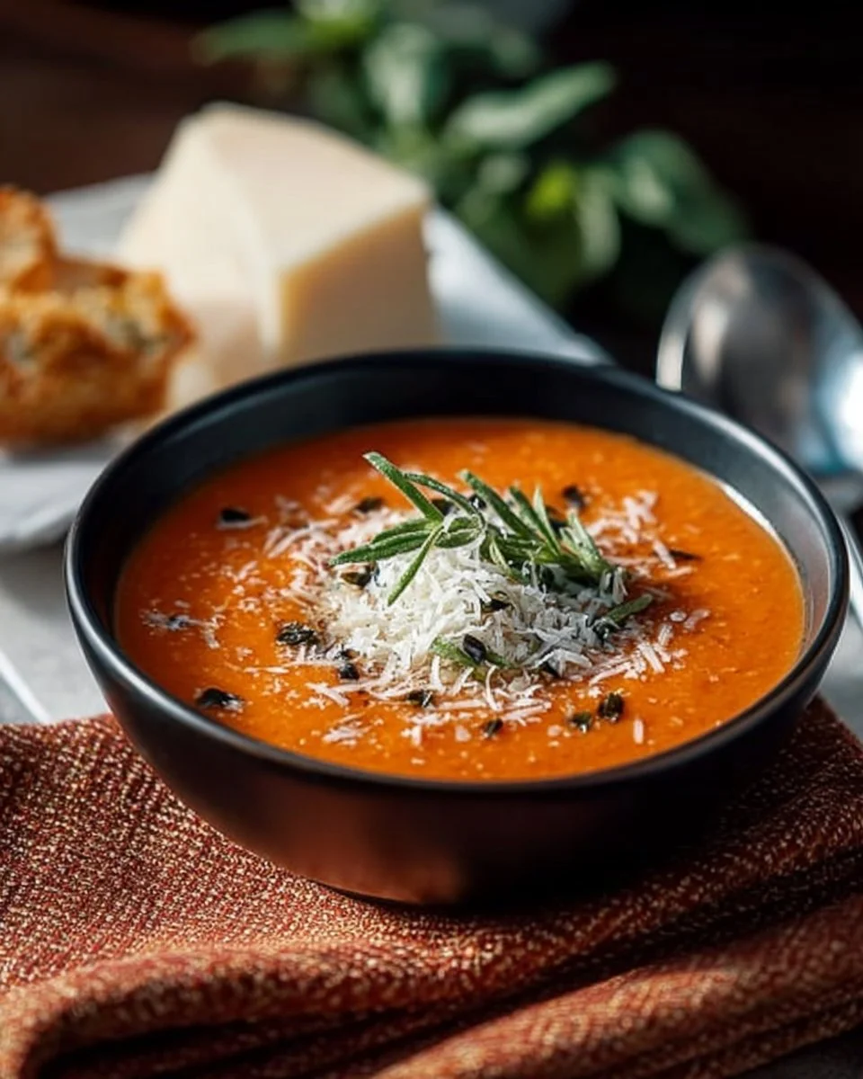 Bowl of quick and easy creamy tomato basil soup garnished with fresh basil leaves.