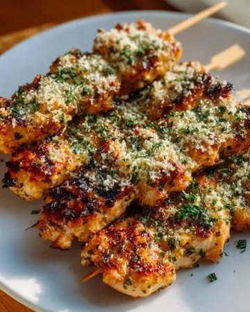 Ranch Garlic Parmesan Chicken Skewers ready for grilling, seasoned and delicious.
