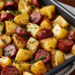 Plate of roasted potatoes and kielbasa garnished with herbs