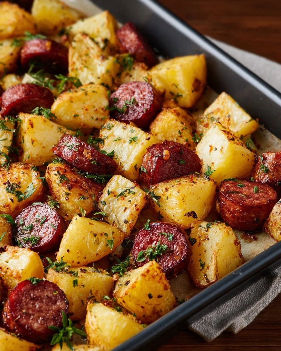 Plate of roasted potatoes and kielbasa garnished with herbs