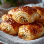 Freshly baked sausage rolls on a wooden platter.